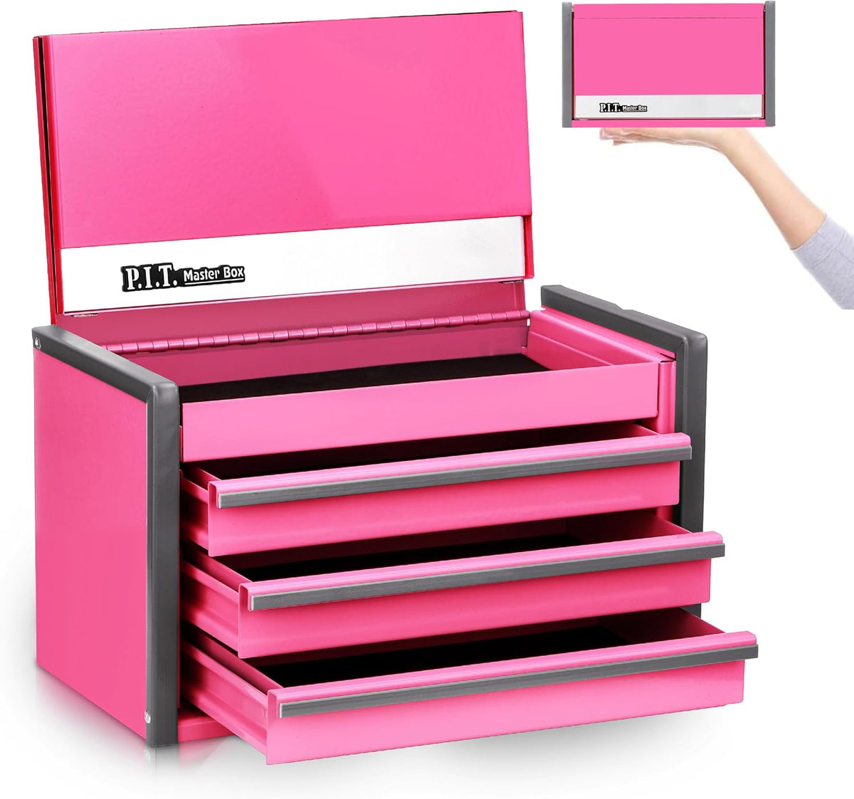 P.I.T. Mini Tool Box,3 Drawers Small Metal Toolbox for Tools Storage,Pink