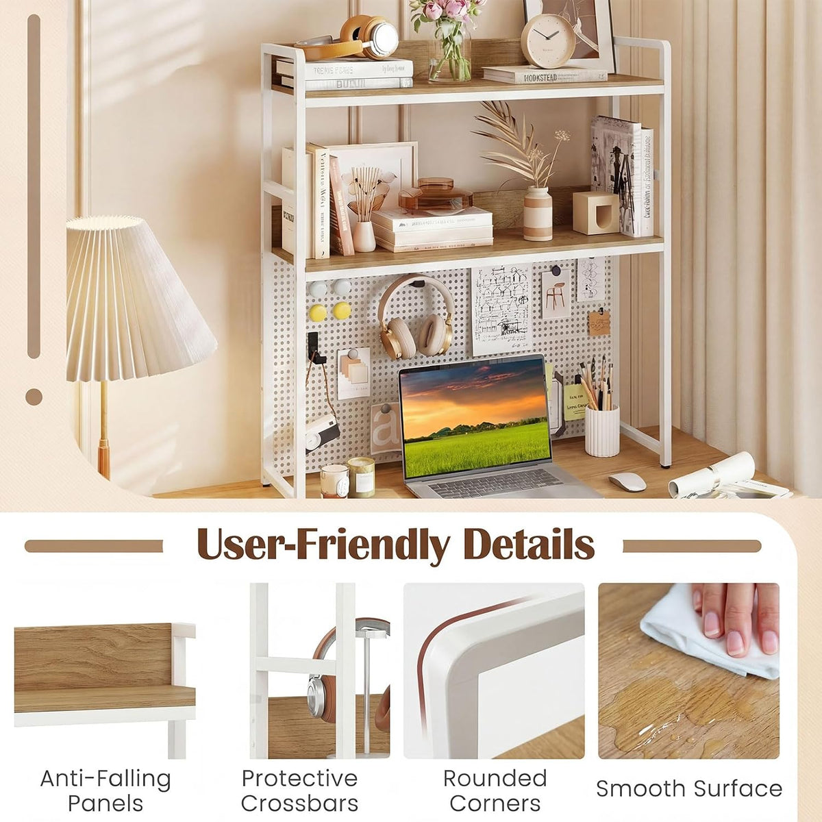 GIANTEX Desktop Bookshelf, 2-Tier Desk Hutch Dorm with Pegboard for up to 32" Computer Monitor, Industrial Countertop Storage Organizer Rack, Desk Shelf for Home Office (Natural)