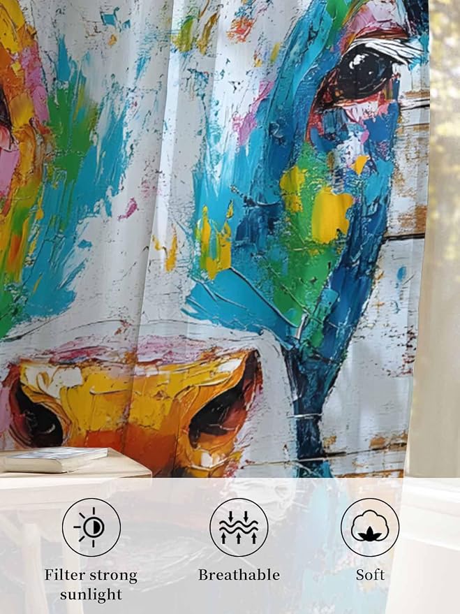Sheer Curtains 72 Inches Long, Funny Colorful Cow Semi Sheer Curtains Light