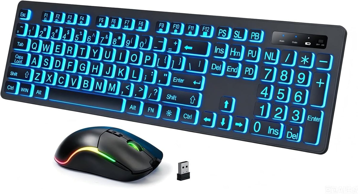 Light Up Keyboard and Mouse Wireless, Adjustable Brightness & Color, Rechargeable, Light Up Letters，2.4G USB Full Size Backlit Keyboard Mouse for Windows, PC, Laptop, Desktop, Gaming (Large Print)