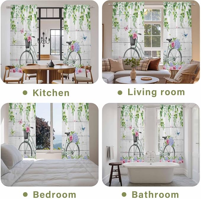 Spring Kitchen Curtains, Bicycles Botanical Rose Leaves Butterfly Wood Grain