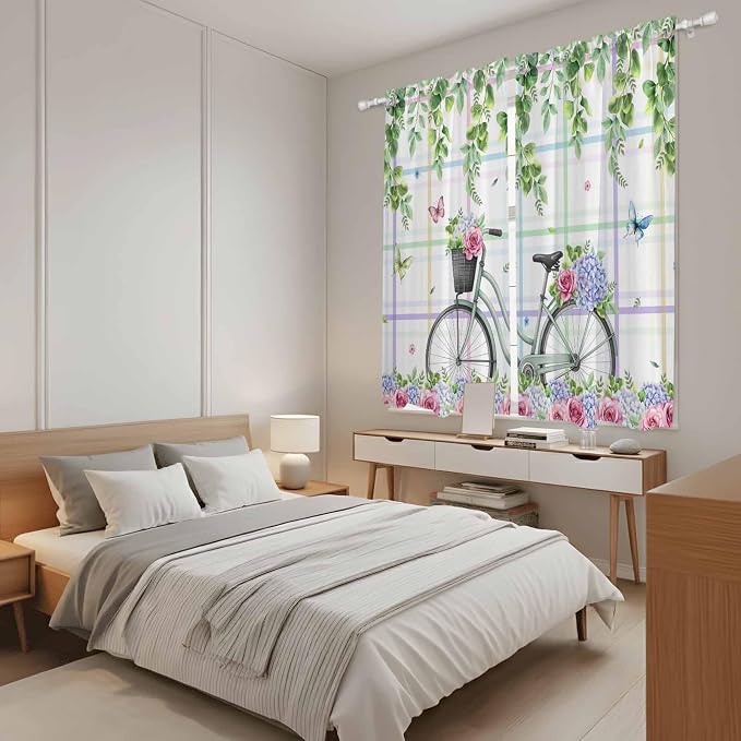 Spring Kitchen Curtains, Bicycles Botanical Leaves Rose Colorful Stripes Light