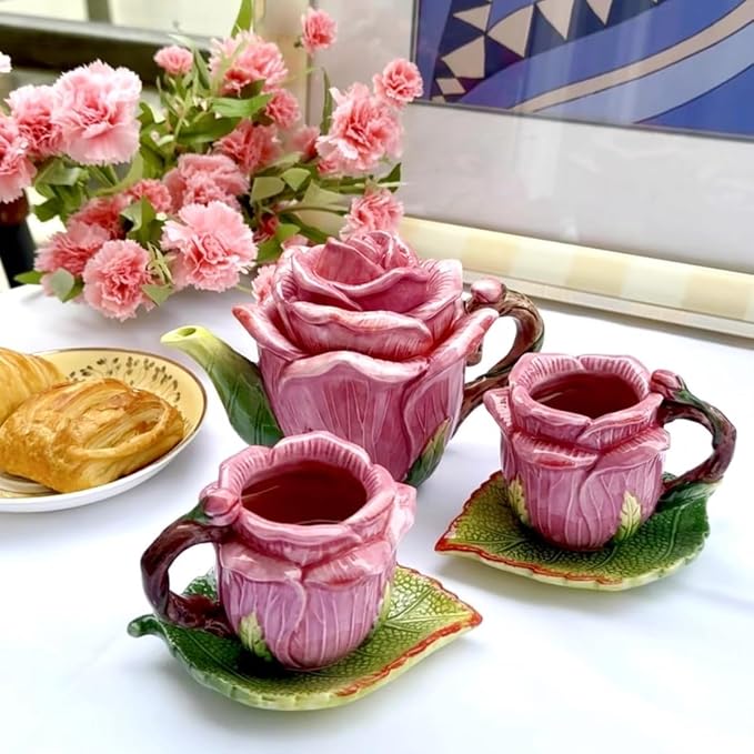 Ceramic Rose Tea Pot Set, 3D Hand-painted Rose Red Flower Cup and Green Leaves