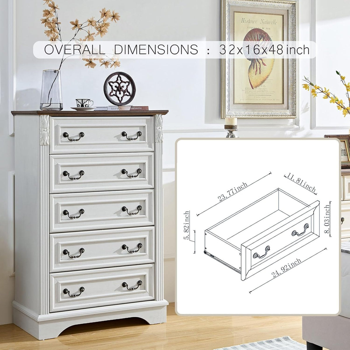 BOSHIRO Farmhouse 5 Drawer Dresser, Dressers for Bedroom