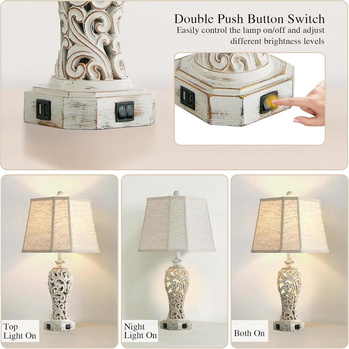 25'' Farmhouse Table Lamp for Living Room Bedroom with USB C+A