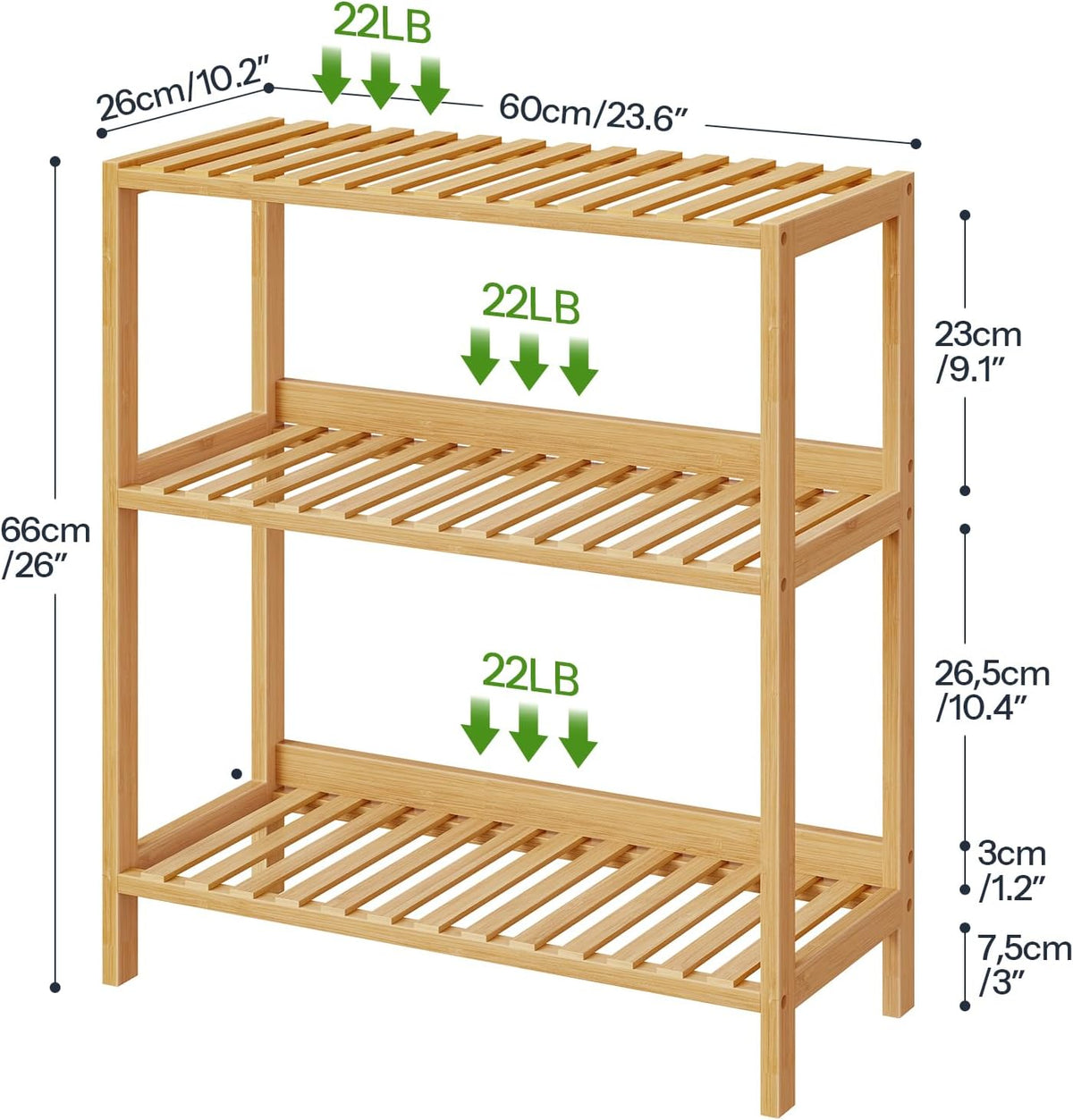 HOOBRO Bamboo Storage Shelf, 3-Tier Freestanding Shelving Unit, Multifunctional Storage Rack with Back Panel, 23.6 x 10.2 x 26 inches, for Bathroom, Living Room, Balcony, Kitchen, Natural YL94CJ01