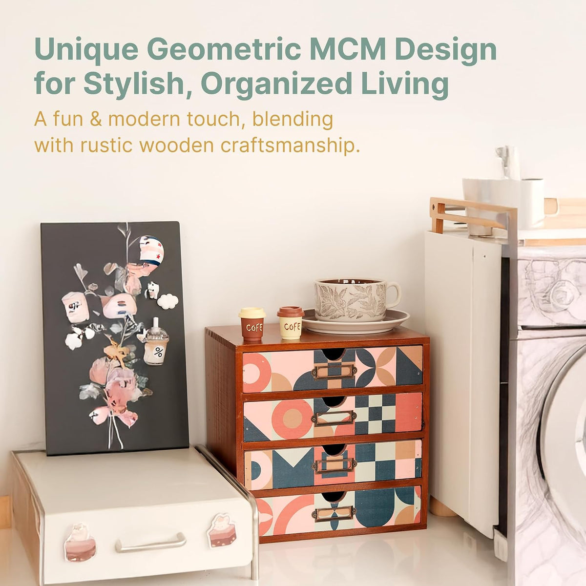 Mid-Century Modern Geometric Pattern Desk Organizer - Earth Tone Desktop Storage with 4-Drawer - Retro Modern Wood Cabinet for Office Supplies, Craft Tools, & Home Organization - MCM Drawer Unit