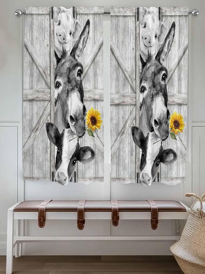 Grey Farmhouse Bedroom Curtains 63 Inches Length, Vintage Sunflowers Animals