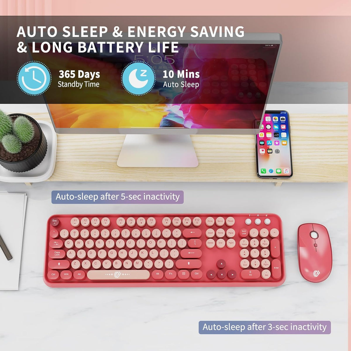 Wireless Keyboard and Mouse Combo, 2.4 GHz Wireless Full-Sized Typewriter Keyboard with Round Keycaps for Windows, Computer, Desktop, PC, Laptop (BerryPink)