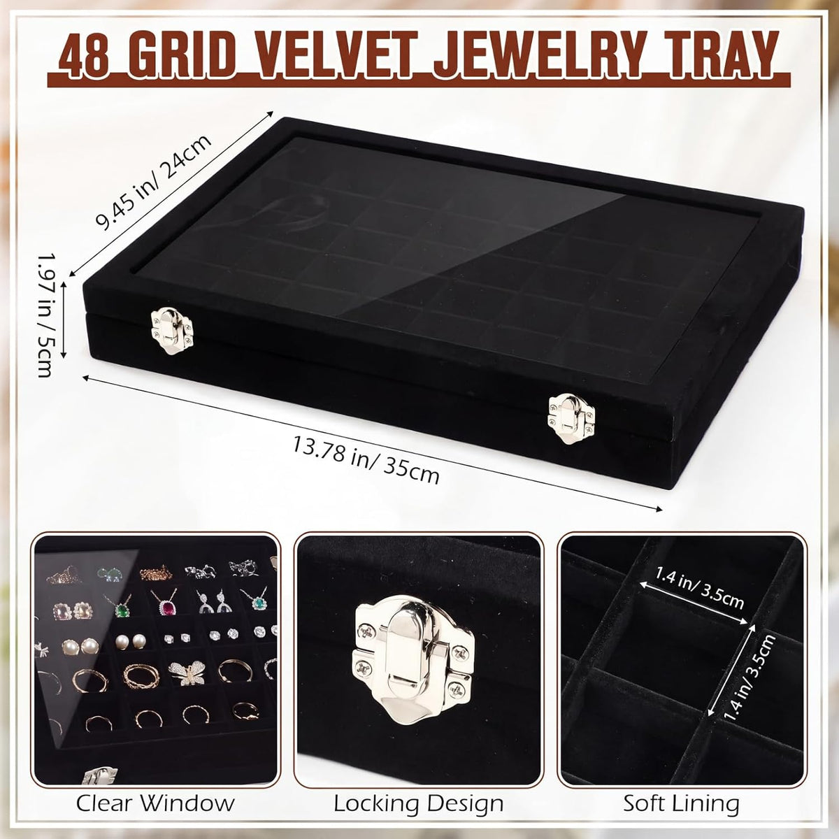Nosiny 2 Pcs 48 Grid Jewelry Tray with Transparent Lid, Rock Collection Box