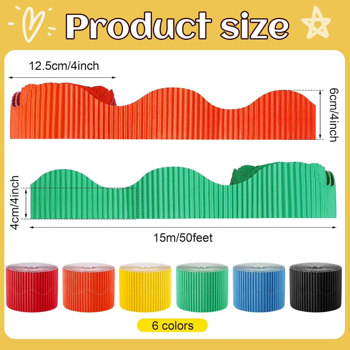 Harloon 6 Pcs 300ft Bulletin Board Borders Bulk Classroom Scalloped Borders Poster Cork Bulletin Board Trim Decor for 100 Day of School Teacher Students Supplies, 6 Colors