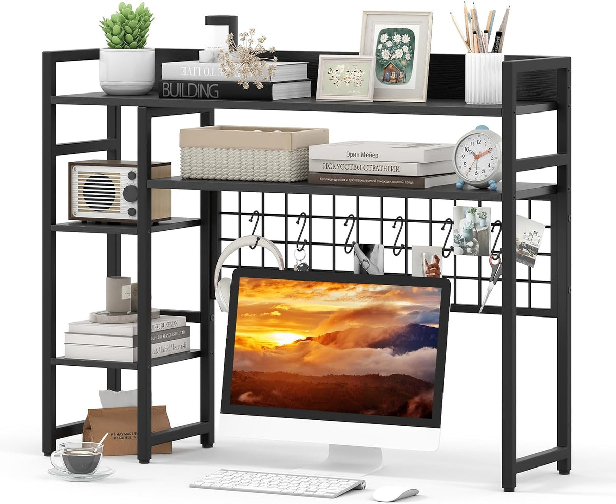 Tangkula Desktop Bookshelf for Computer Monitor Up to 32”, Countertop Storage Hutch with 4 Open Shelves, Grid Panel, 6 Hooks, Anti-tip Device, 4-Tier Desktop Shelves for Home Office Dorm, Black