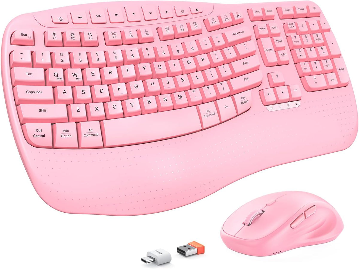MEETION Wave Ergonomic Keyboard and Mouse Combo with Wrist Rest, Pink