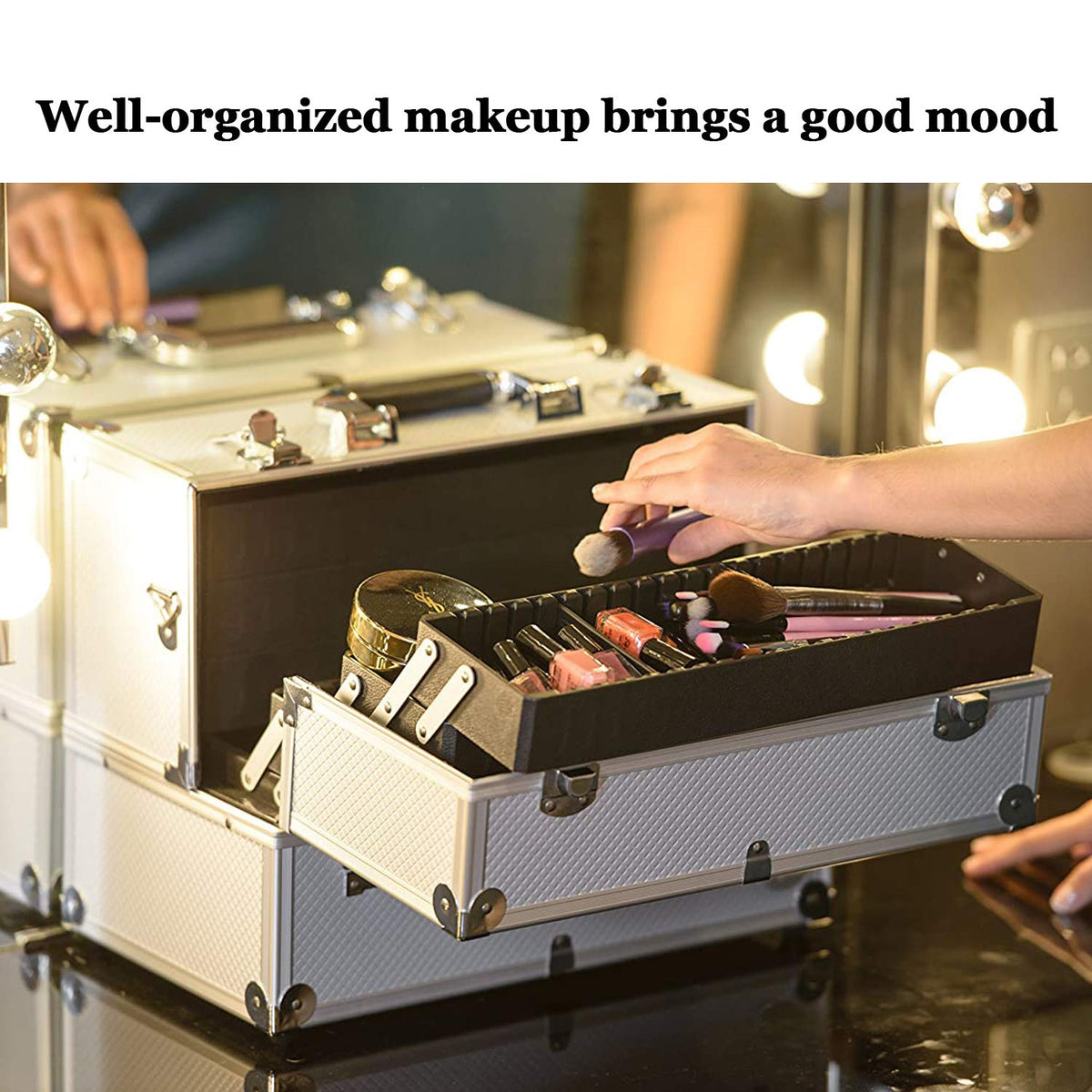 Joligrace Extra Large Makeup Train Case 6 Tray Make Up Artists Organizer Box Lockable Cosmetic Jewelry Toiletries Carrier Crafters Tool Cases with Adjustable Dividers & Shoulder Strap - Silver