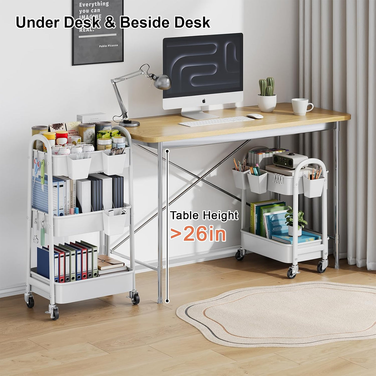 2 Tier Rolling Cart Metal with Wheels,White Under Desk Storage Roller Carts