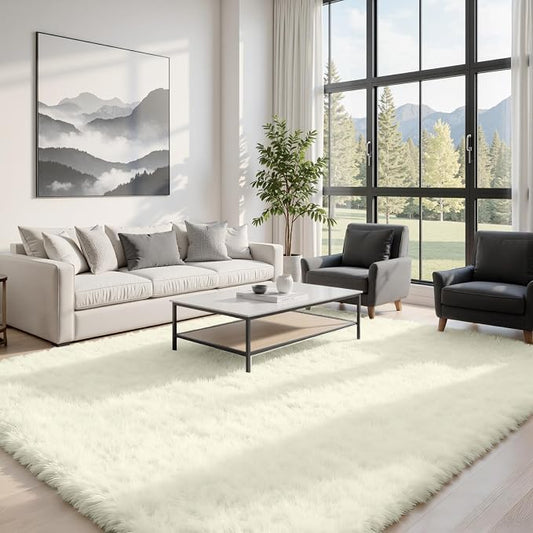 8x10 Area Rugs for Living Room Rug: Soft Fluffy Shag Cream White Rugs for