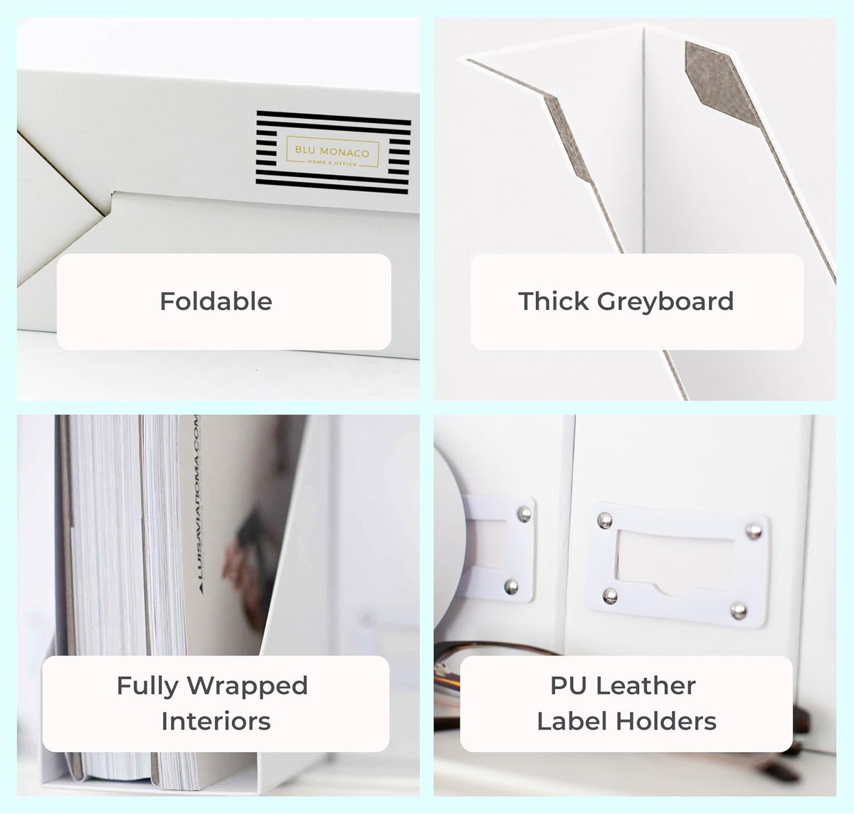 BLU MONACO Set of 6 Foldable White Magazine File Holders | Vertical Desk File Organizer Boxes With Leather Label Holders | Stylish Cardboard Magazine Storage for Shelves, Workspace and Home Office