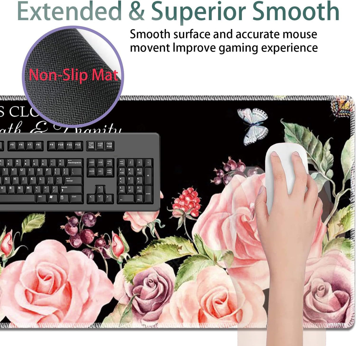 Large Gaming Mouse Pad + Keyboard Wrist Rest + Wrist Support + Coaster Set, Memory Foam Ergonomic for Easy Typing, XXL Extended Gaming Mouse Pad Table Pad - Proverbs 31:25 Flower