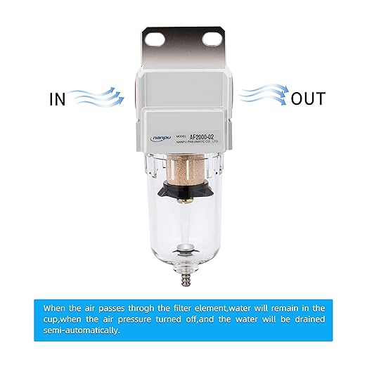 NANPU 1/4" NPT Compressed Air Line Filter, 5 Micron Brass Element, Poly Bowl