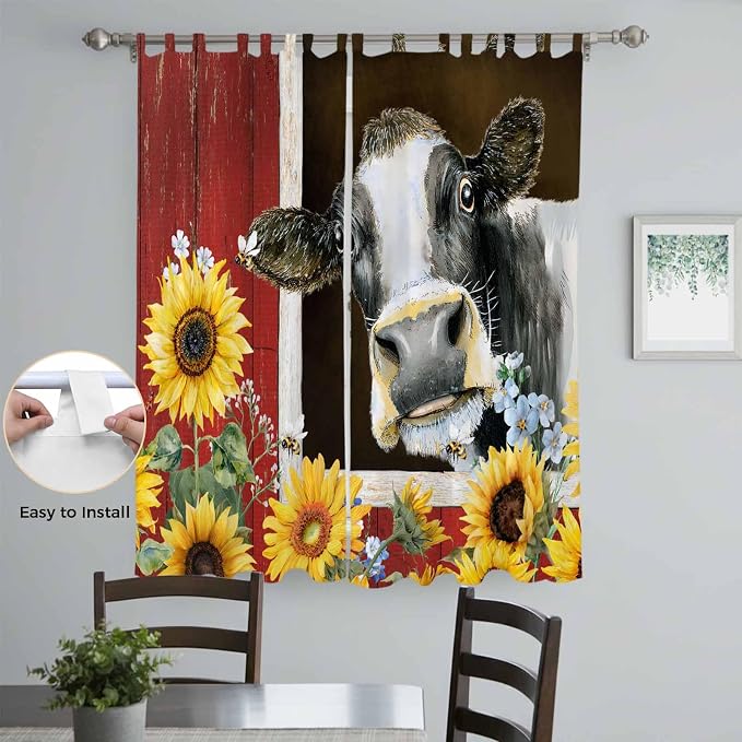 Cows Sunflowers Living Room Curtains 96 Inch Length, Window Curtains Tab Top