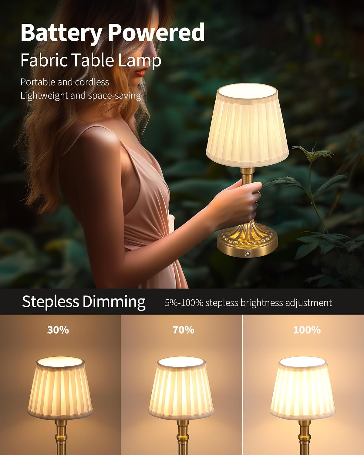 KDG Gold Cordless Table Lamps Set of 2, Beige Fabric Shade Small Desk Lamp