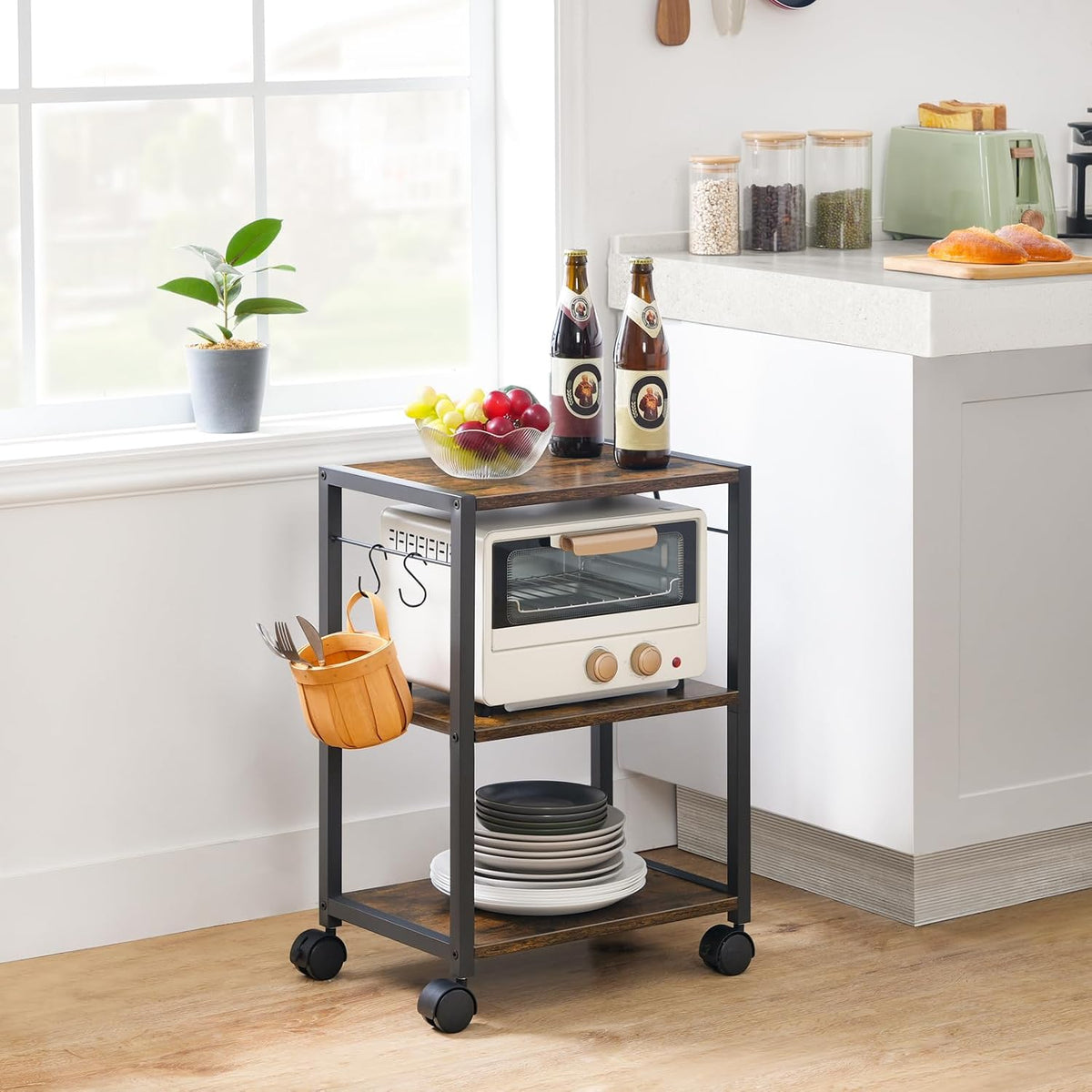MAHANCRIS Printer Stand, 3-Tier Under Desk Rolling Cart with Storage Shelf, Heavy Duty Printer Table with Wheels for Home and Office, Printer Shelf with 2 Hooks, Small Spaces, Rustic Brown PTHR4001Z
