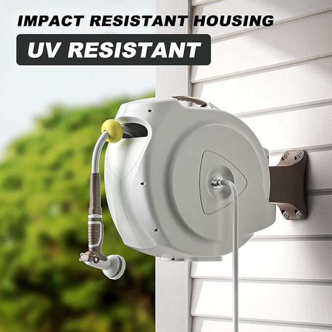 Retractable Garden Hose Reel, 5/8 in 65+6 ft, Heavy Duty Wall Mounted Water Hose Reel, Spring Power Automatic Rewind, Any Length Lock, 180° Swivel Bracket, 10 Pattern Spray Nozzle