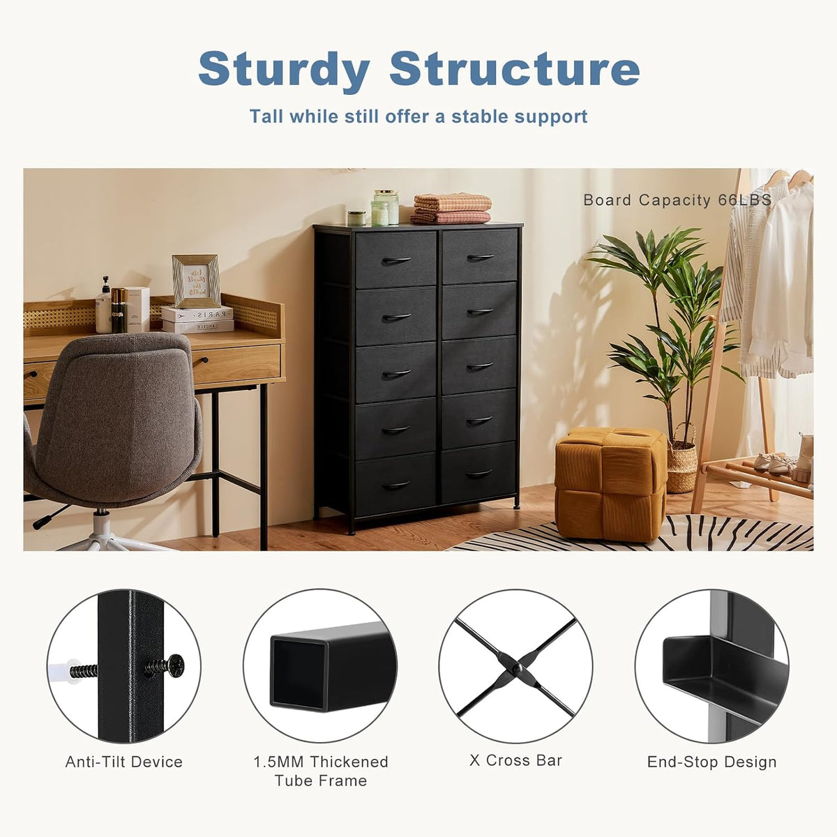 DUMOS 10 Drawer Tall Dresser for Bedroom & Living Room, Black
