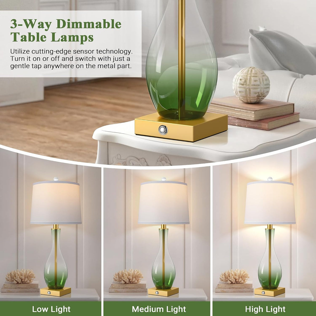 27" Glass Table Lamps Set of 2, Touch Dimming Nightstand Lamp with USB Port