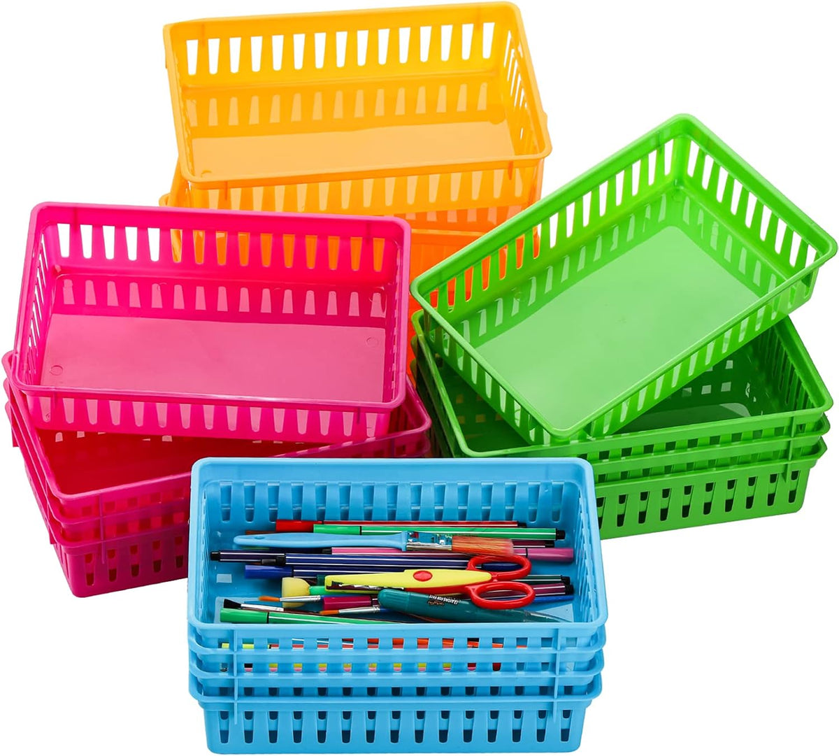 DEAYOU 16 Pack Classroom Storage Baskets Bins, Small Plastic Organizer Basket, Colorful Storage Trays, Crayon Pencil Containers for Paper, Desk, Shelf, Home School Office, 10.2" L x 6.5" W x 2.4" H