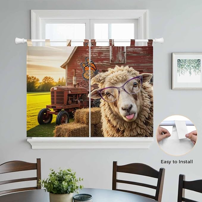Farm Sheep Kitchen Curtains 45 Inch Length, Short Cafe Window Curtains Tab Top