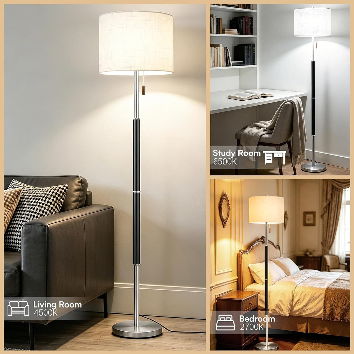 Black Floor Lamp with 13.2" Linen Shade and 3 Colors for Living Room