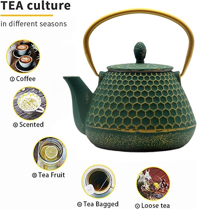YJX Cast Iron Teapot and Tea Cups Set, 33.8oz Hexagon Pattern Tea Set