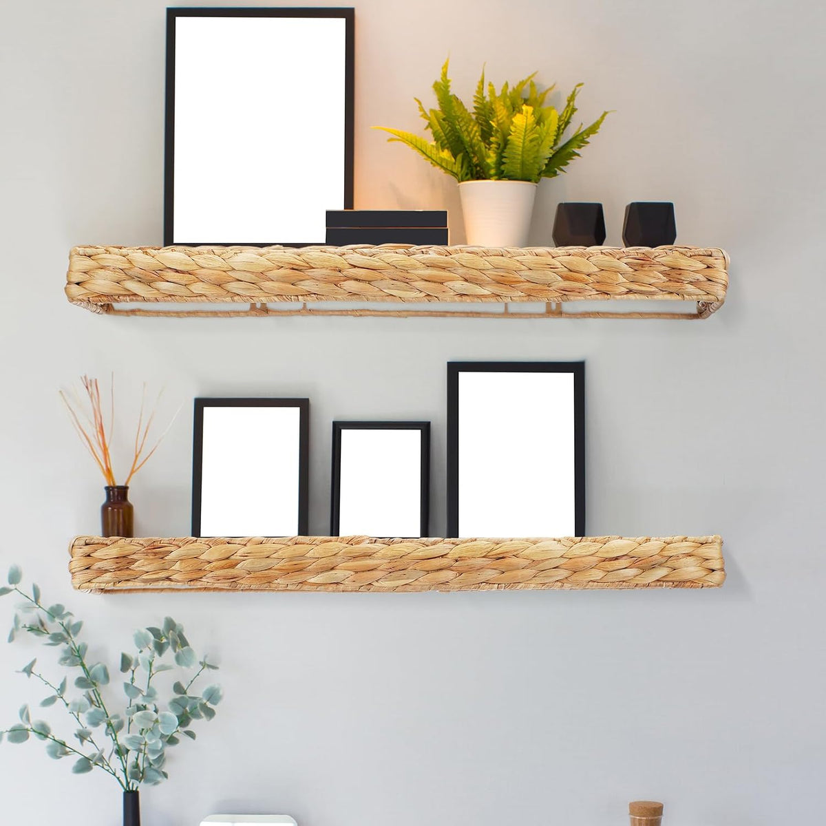 Pinkunn 2 Pack Handwoven Water Hyacinth Floating Wall Shelf 23.6 Inch Woven Wall Mounted Shelf Rustic Floating Shelves for Bathroom Bedroom Kitchen Living Room Storage Shelves Over Toilet
