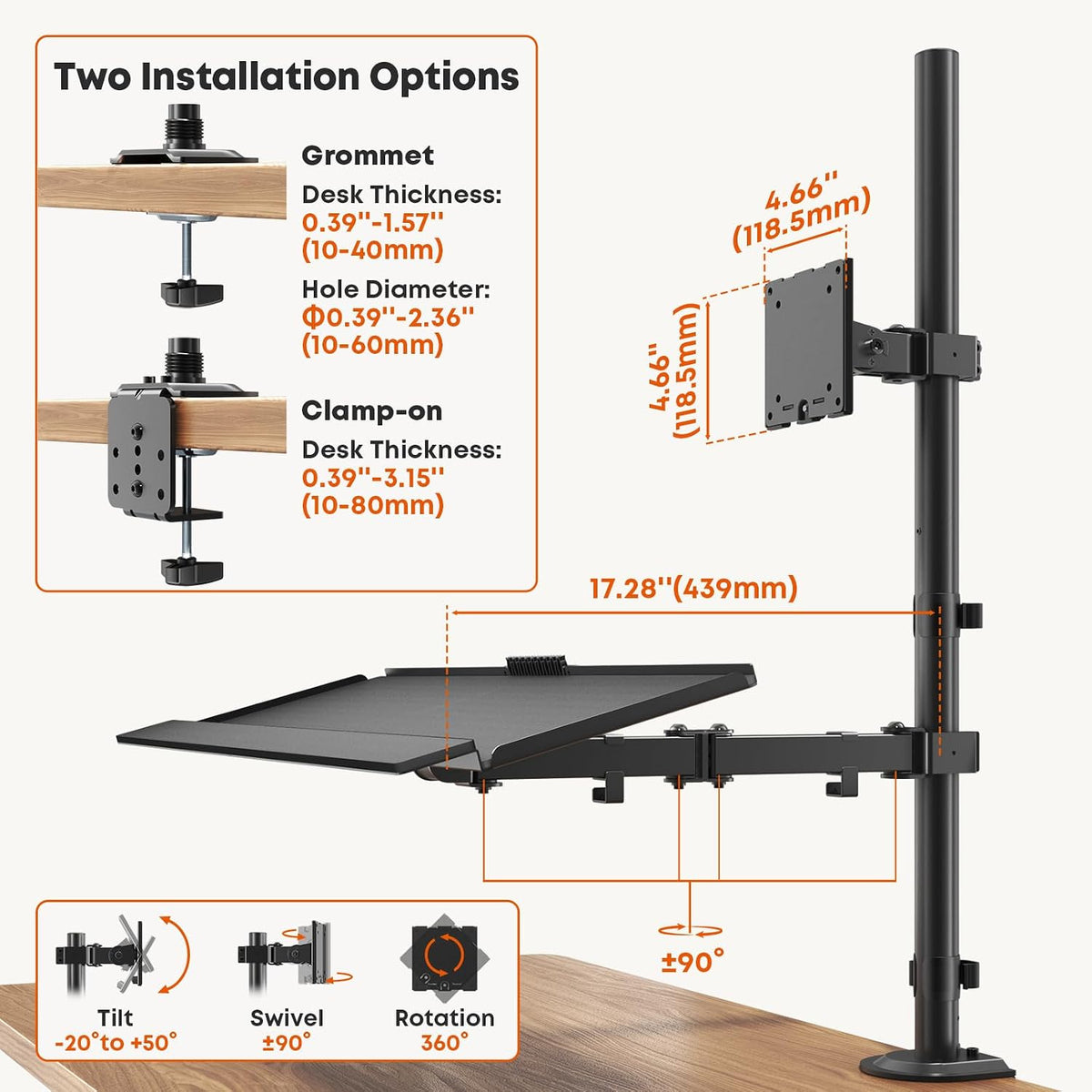 PUTORSEN 49''Monitor Arm with Keyboard Tray, Keyboard Desk Mount