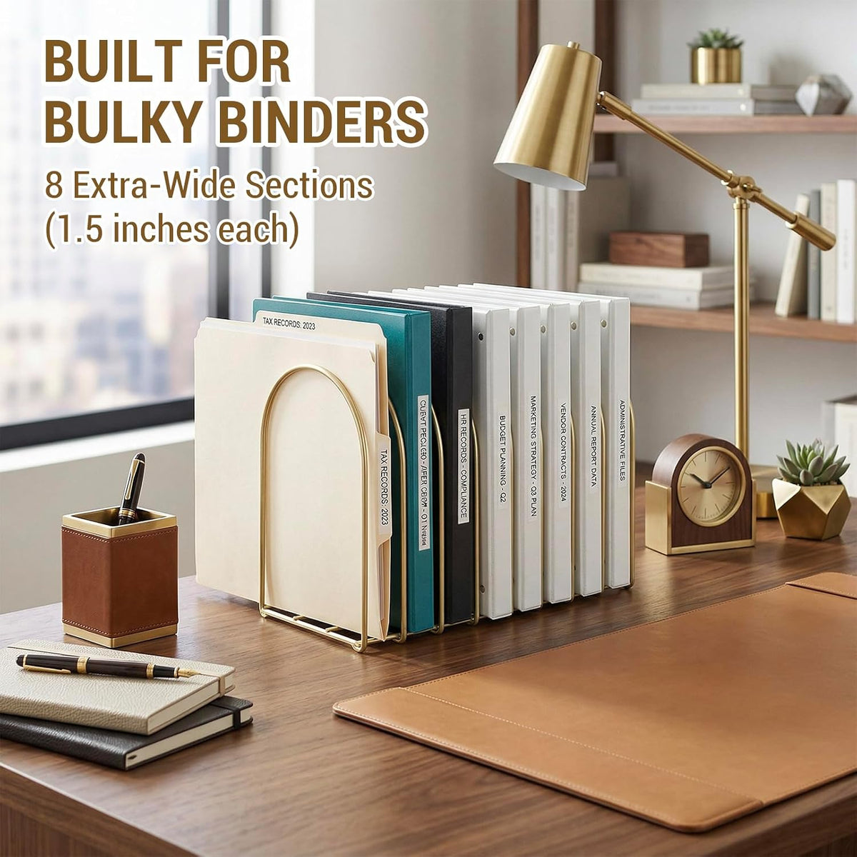 MyGift Brass Metal Wire File Desk Organizer Binder Holder with 8 Wide Slots