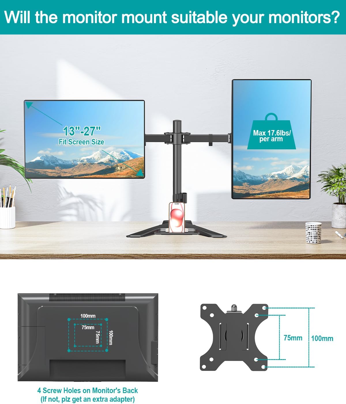 MOUNT PRO Dual Monitor Stand, Free-Standing Full Motion Monitor Desk Mount Fits 2 Screens up to 27 inches,17.6lbs with Height Adjustable, Swivel, Tilt, Rotation, VESA 75x75 100x100, Black