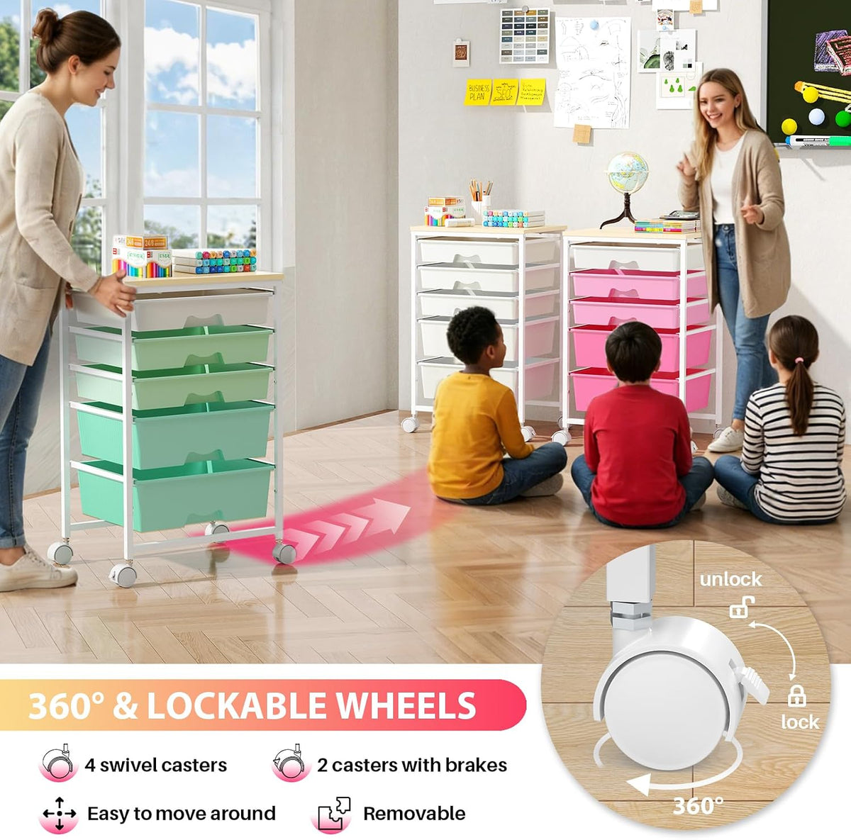 Goovilla Rolling Cart with 5 Drawers for Craft, Art, Dorm, Office, Pink