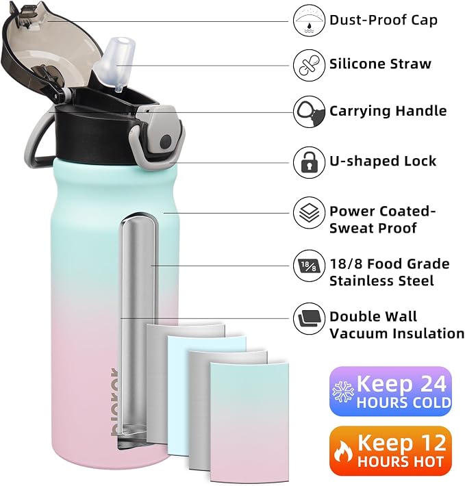 BJPKPK 18 oz Water Bottle with Straw & Handle, Insulated Stainless Flask | Leak