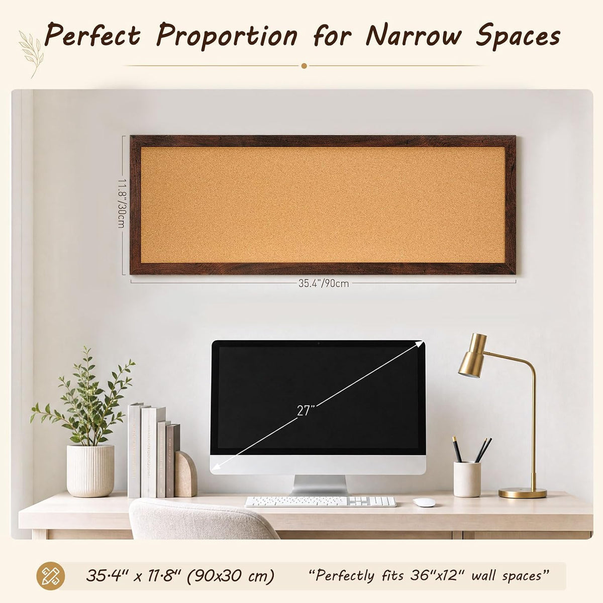 DOLLAR BOSS Narrow Linen Bulletin Board 36"x12" Long Cork Board, Brown