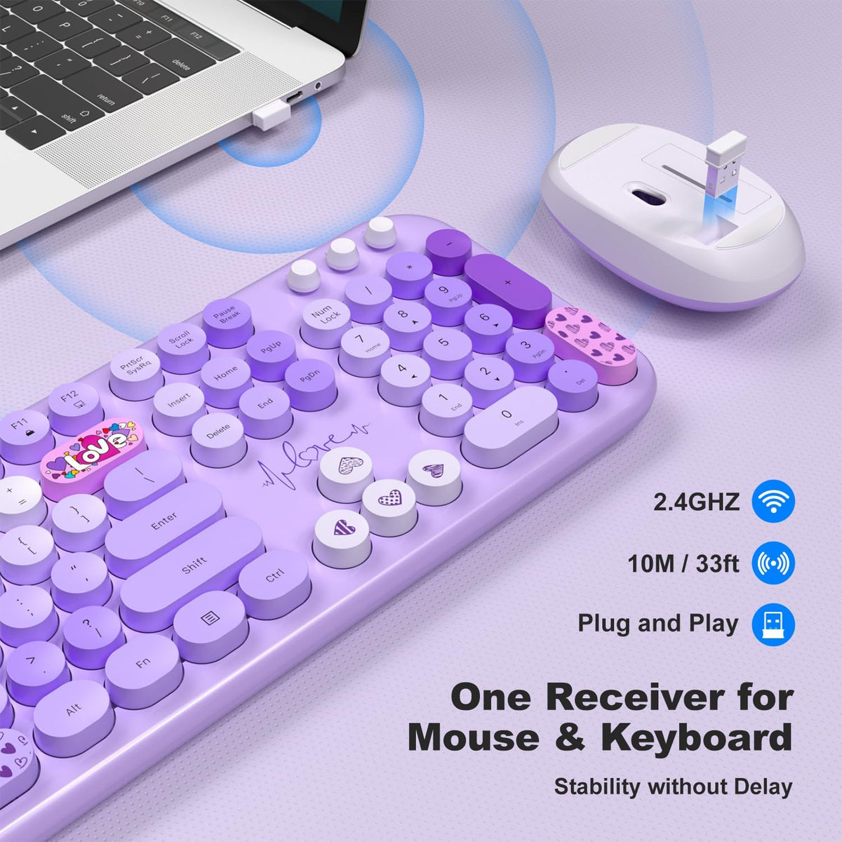 MOFII Wireless Keyboard and Mouse Combo - Pale Purple Full Sized Plug and Play Colorful Computer Keyboards - 104 Keys Round Keycap USB 2.4G Cute Keyboard for Windows/Laptop/Mac/Desktop/PC