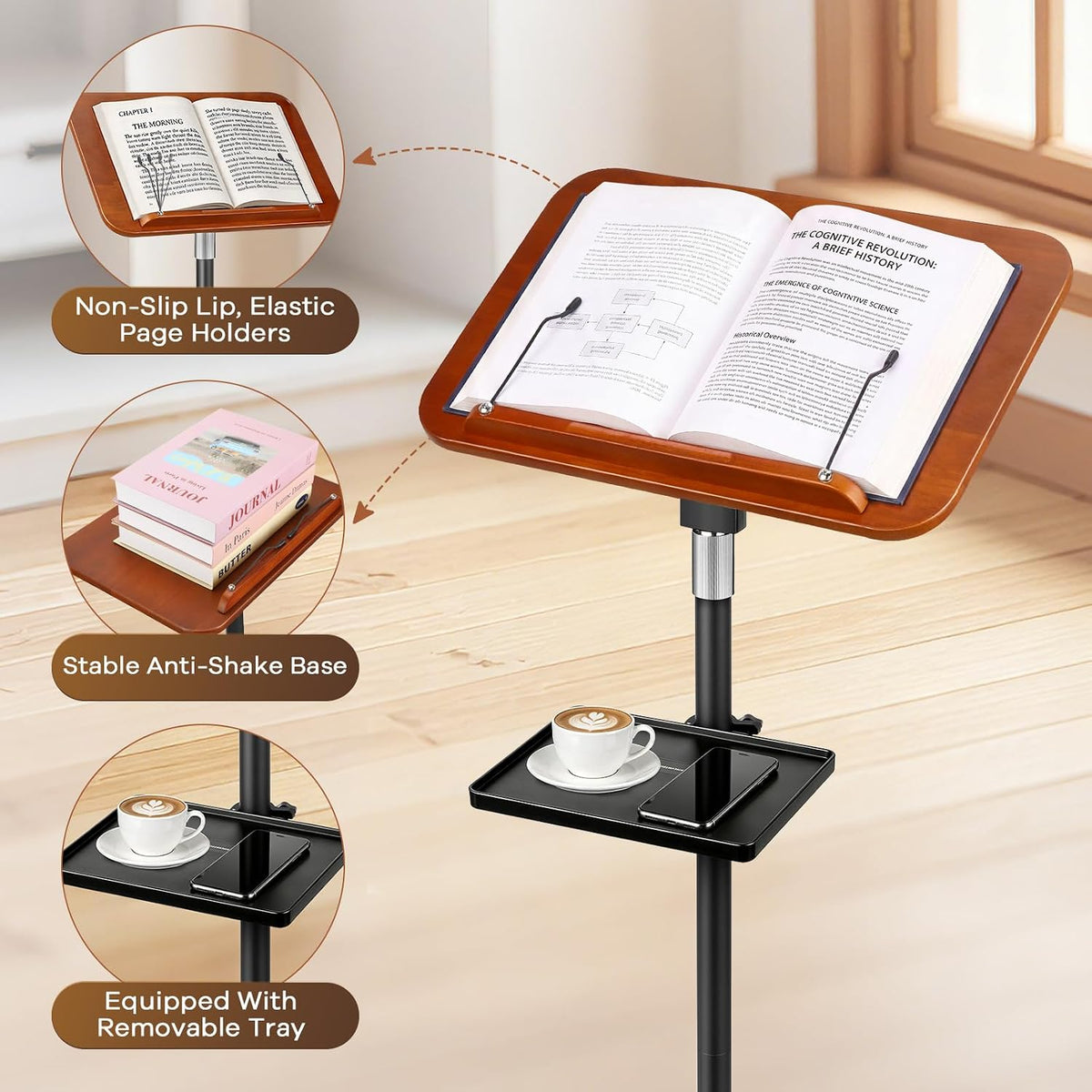 Adjustable Book Stand for Reading with Removable Tray, Solid Wood