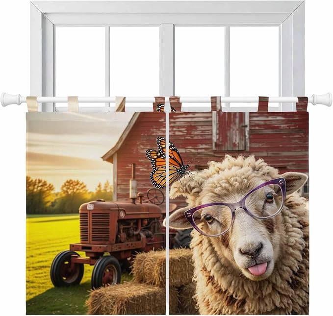 Farm Sheep Kitchen Curtains 45 Inch Length, Short Cafe Window Curtains Tab Top