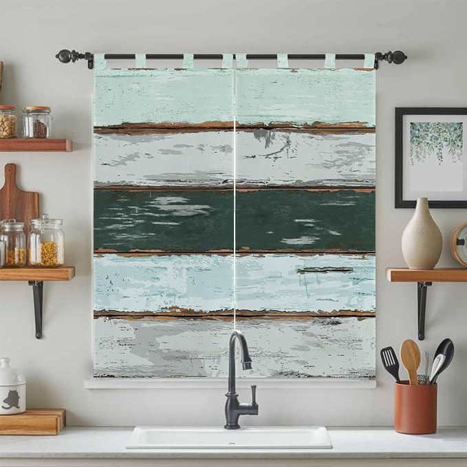 Blue Teal Bathroom Curtains 63 Inch Length, Window Curtains Tab Top, Vintage