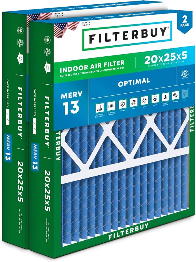 Filterbuy 20x25x5 Air Filter MERV 13 Optimal Smoke & Allergy Defense, Pleated