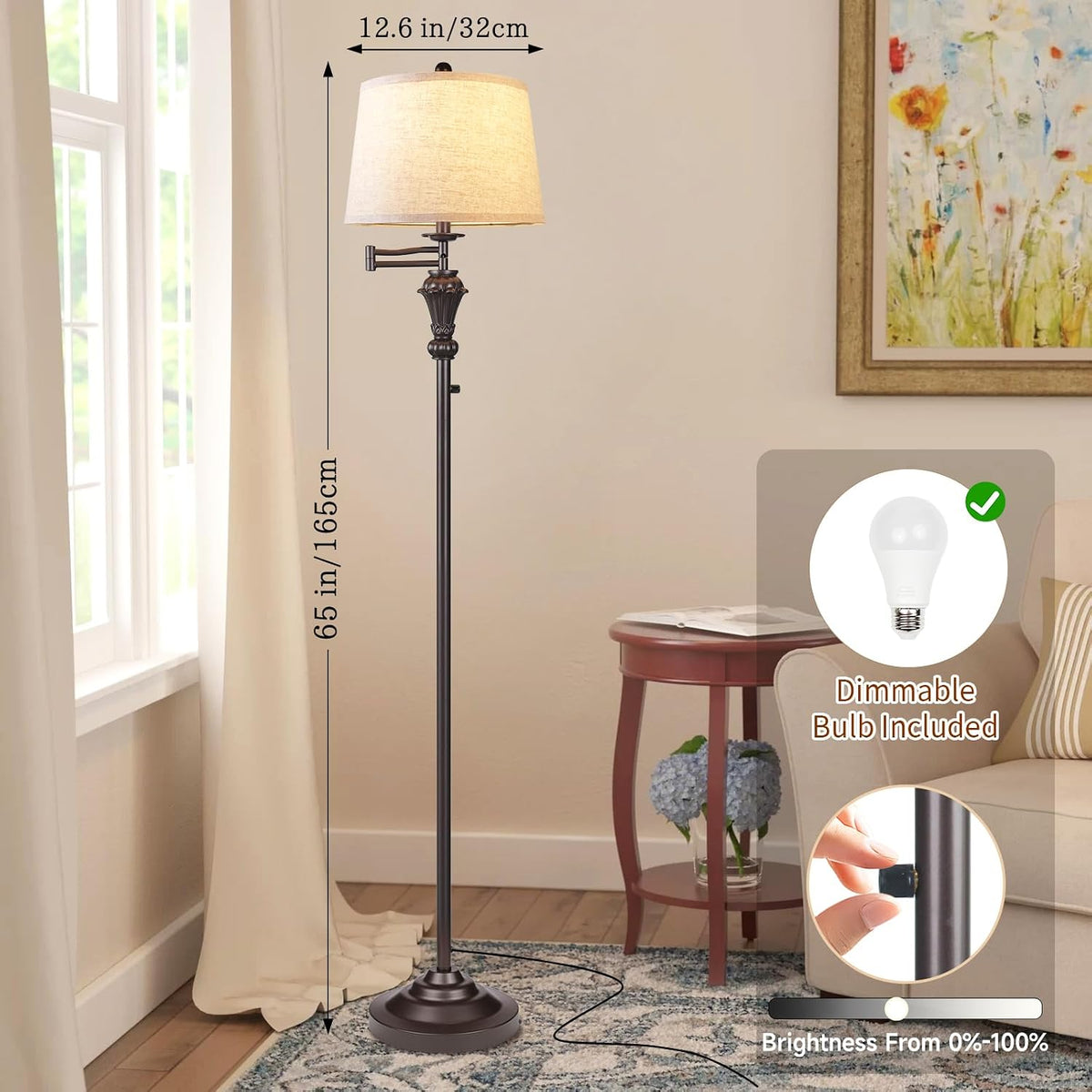 Dimmer Vintage Floor Lamp,Tall Standing Lamp with Adjustable Swing Arm,Brown Rustic Pole Lamps with Dimmer LED Bulb,Farmhouse Floor Lamps for Living Room Decor & Bedroom Office Reading
