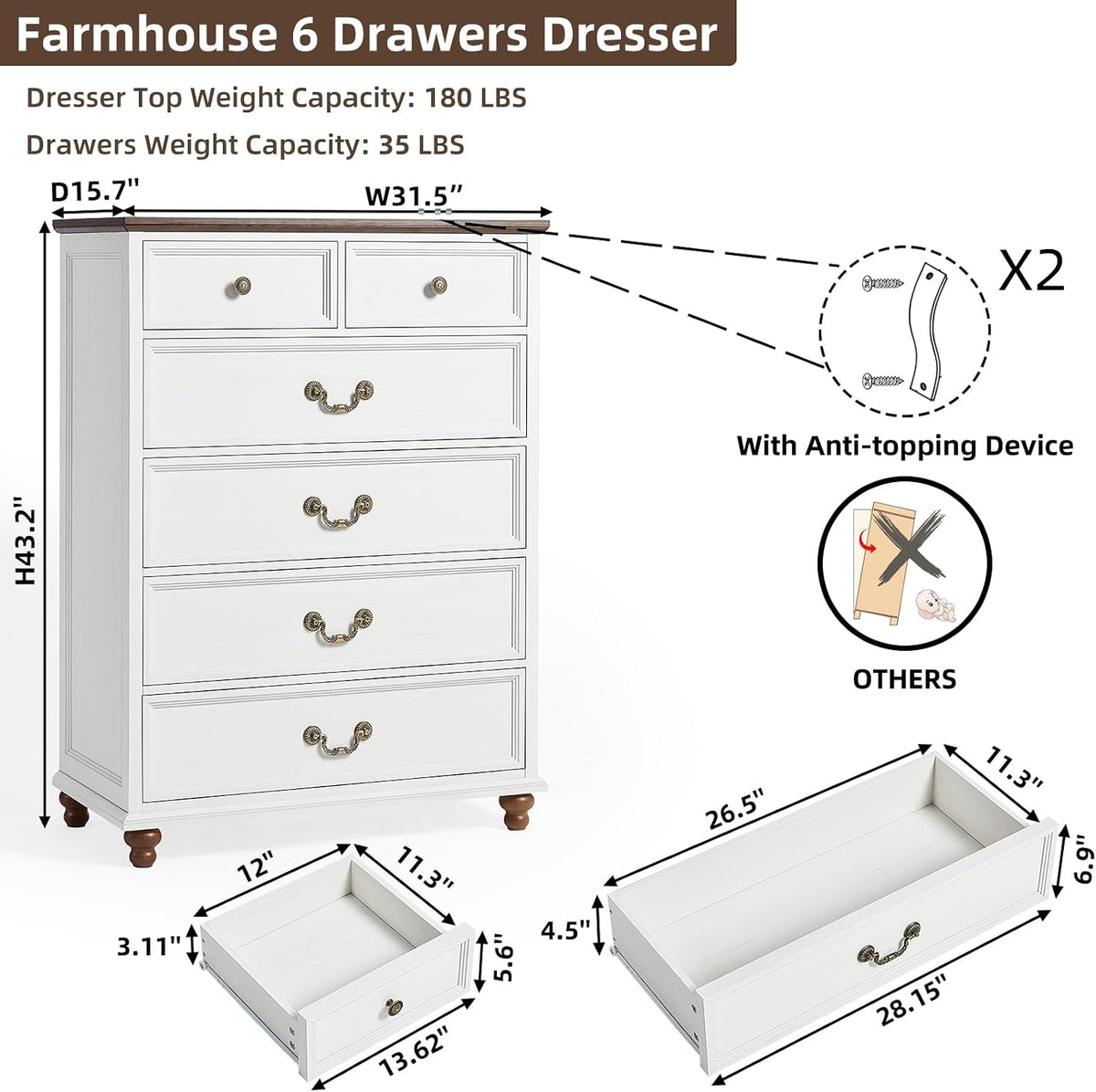 Joaxswe Farmhouse 6 Drawer Dresser Set of 2 for Bedroom, 42" Tall Rustic Chests of Drawers w/ 4 Solid Wood Feet, Mid Century Vintage Wooden Closet Storage Dressers Organizer for Living Room,White