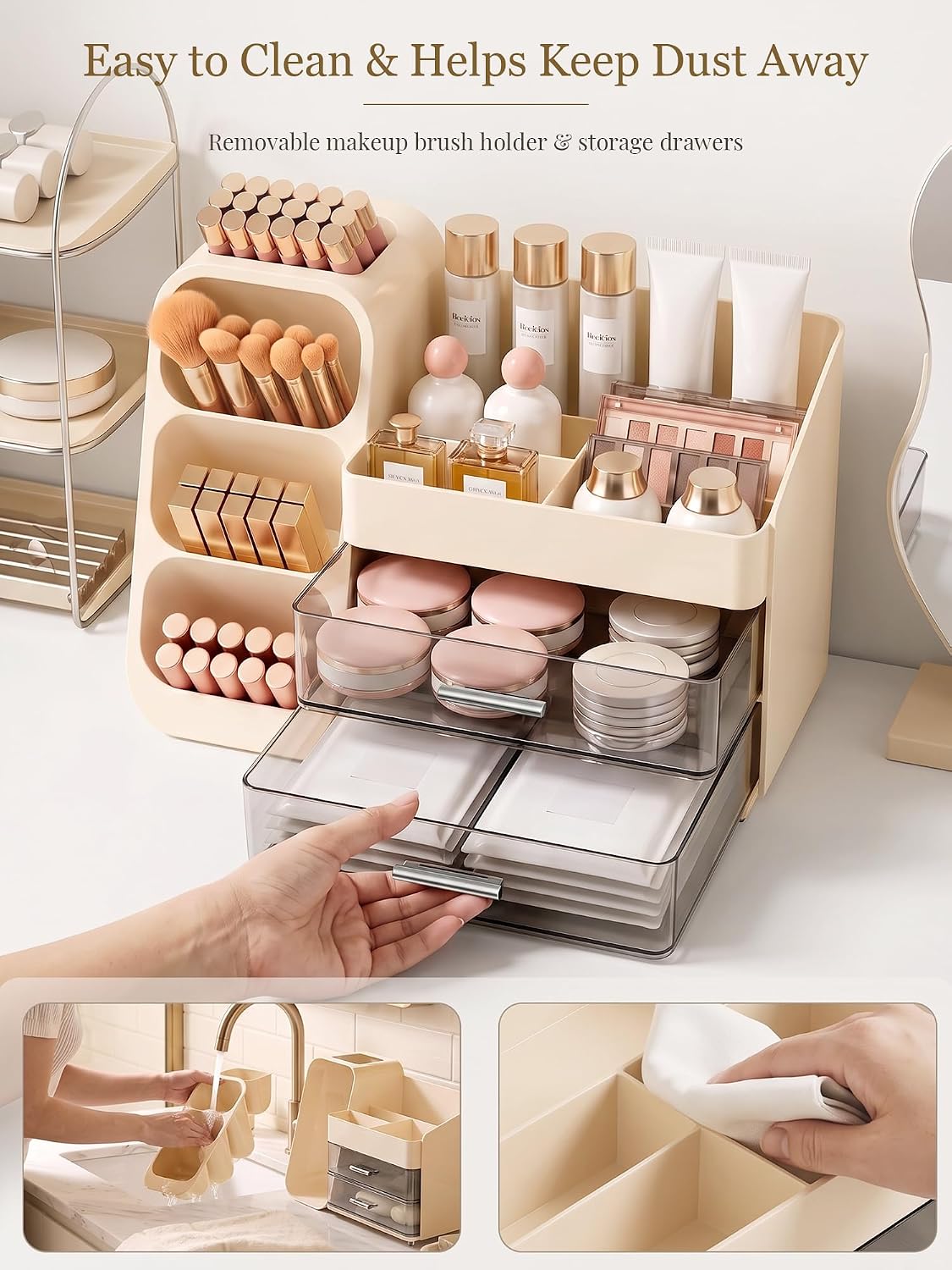 Booklov Large Makeup Organizer for Vanity Countertop, Cream