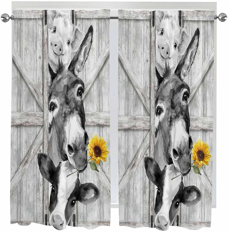 Grey Farmhouse Bedroom Curtains 63 Inches Length, Vintage Sunflowers Animals