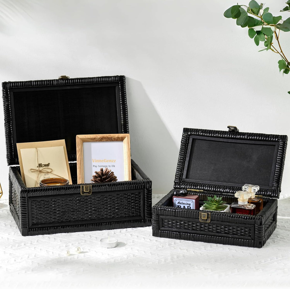 2PCS Rattan Box with Lid Decorative Natural Handmade Boho Basket